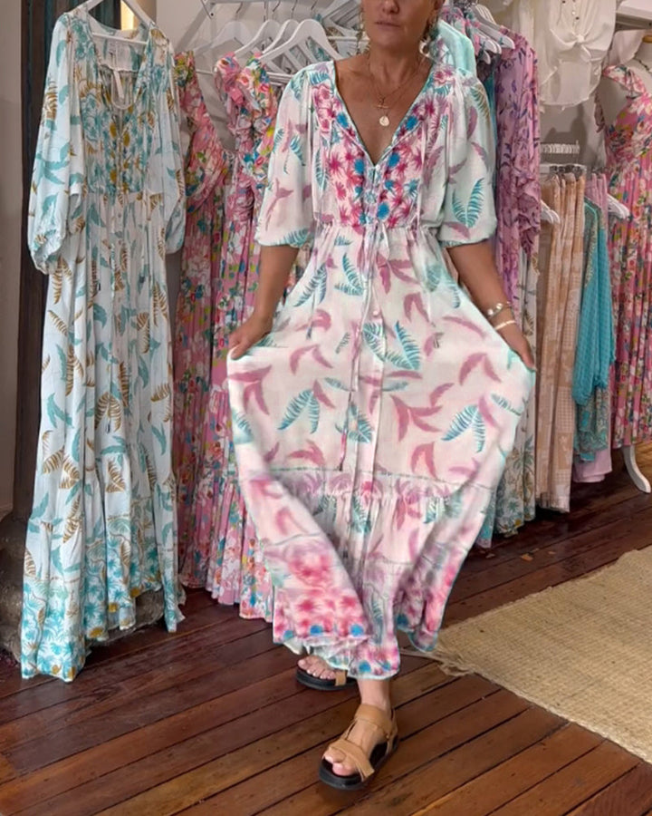 Robe longue femme col V imprimé feuilles