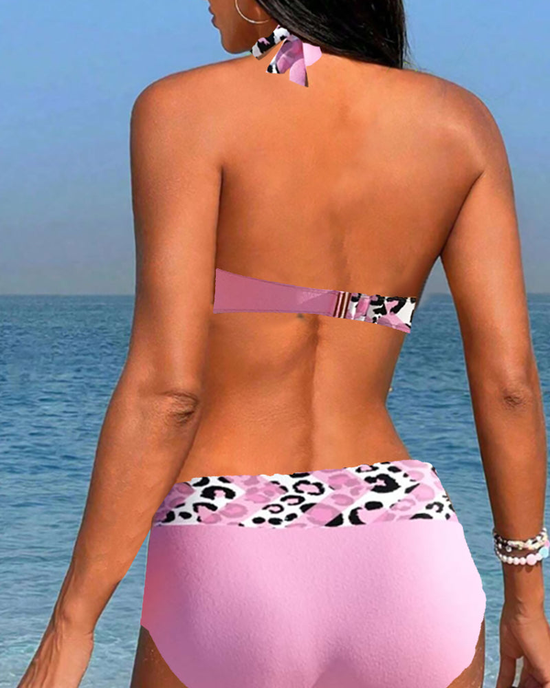 Bikini dos nu imprimé patchwork léopard