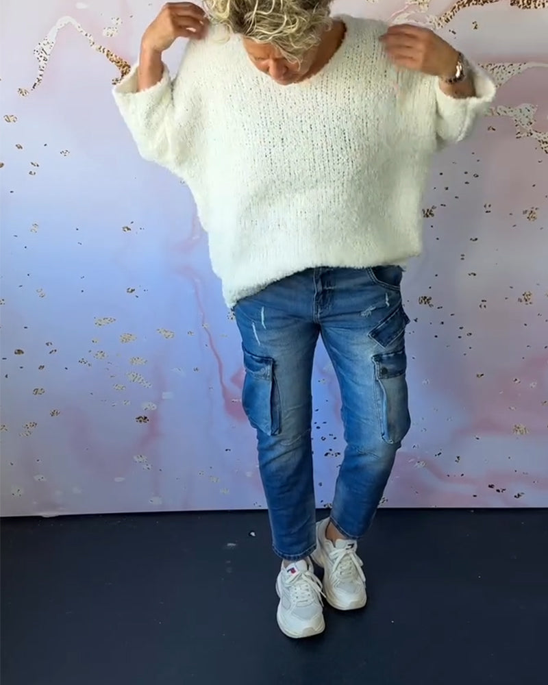 Pull décontracté de couleur unie à col en V