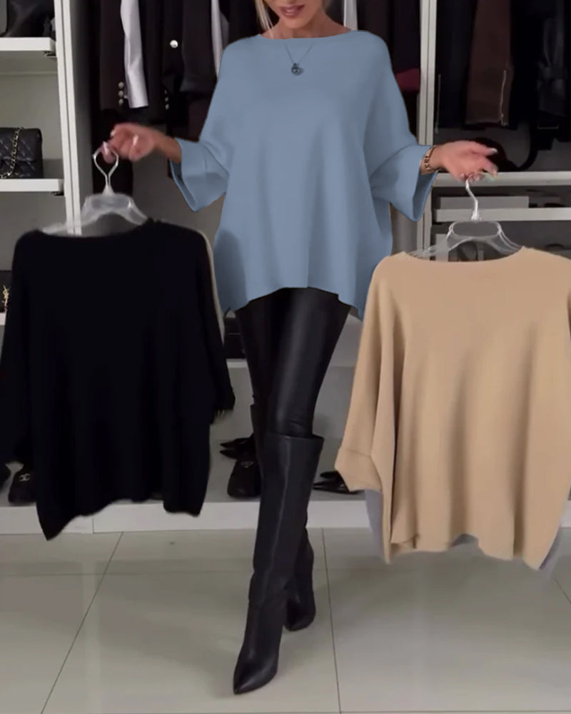 Pull tendance à boutons et col rond de couleur unie