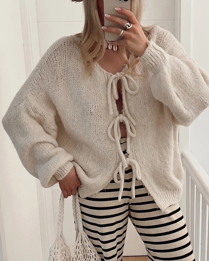 Cardigan à lacets de couleur unie de style paresseux