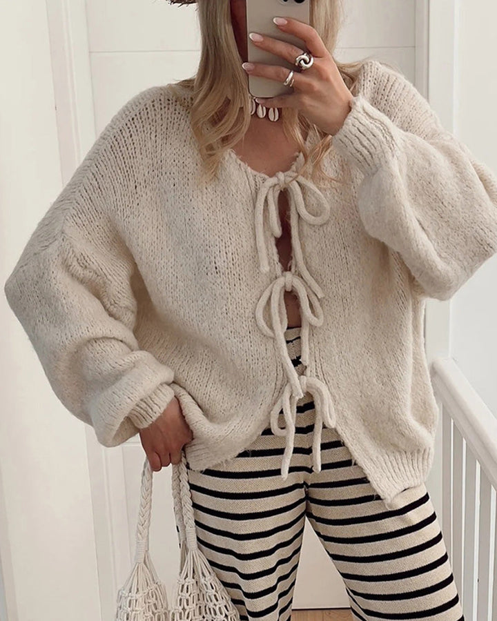 Cardigan à lacets de couleur unie de style paresseux