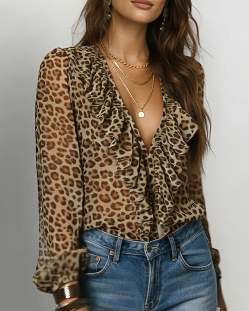 Blouse À Volants Col En V Imprimé Léopard