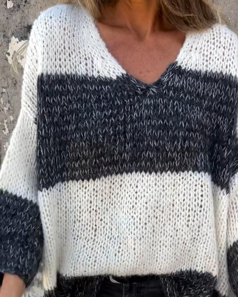 Pull décontracté à col en V contrasté