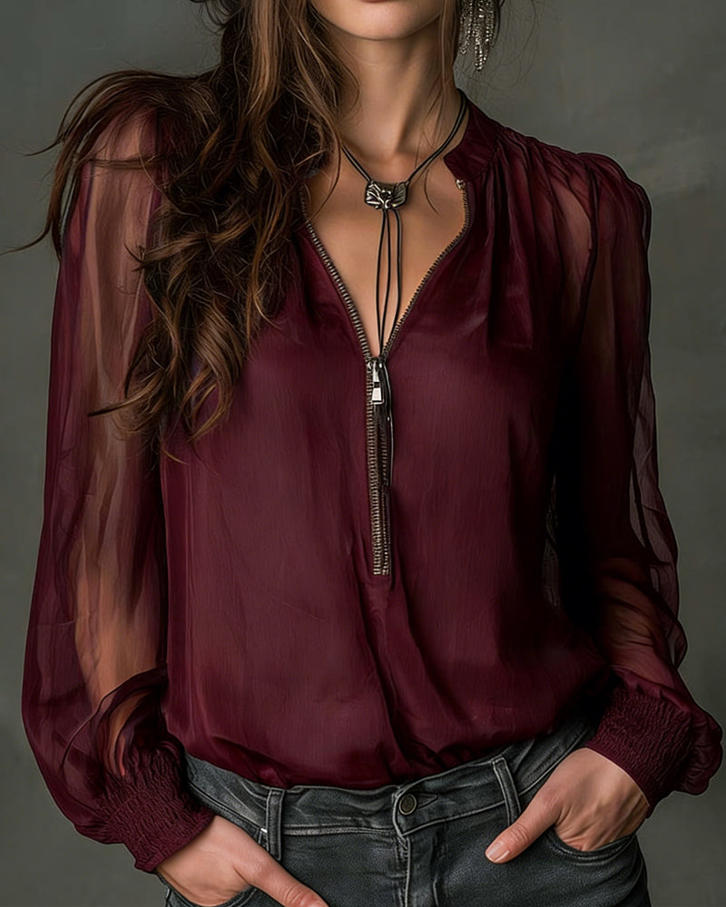 Blouse Demi-zippé Maille Manches-longues