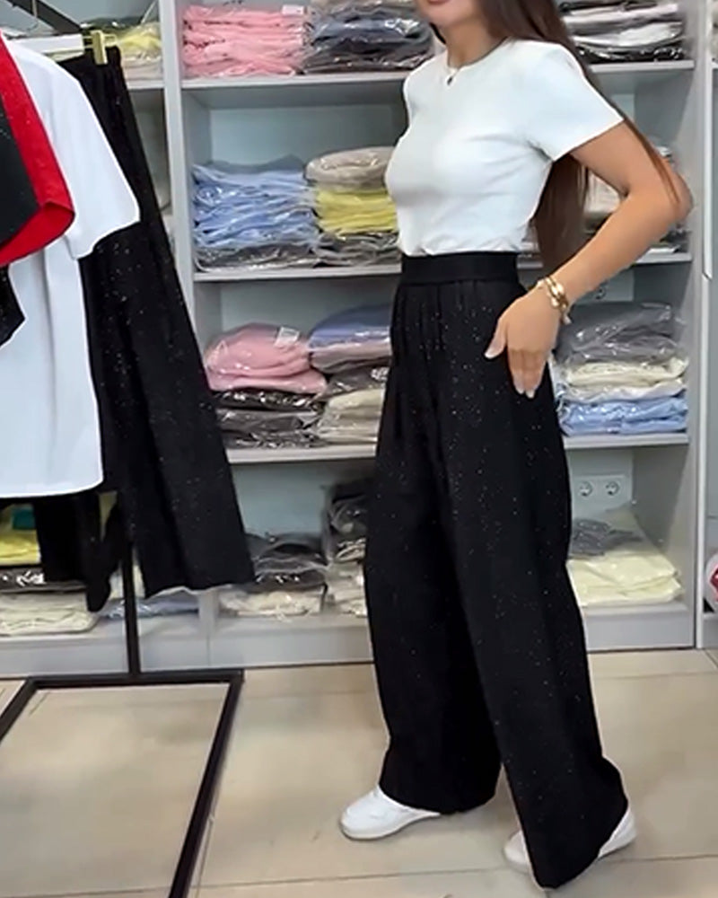 Pantalon Élégant Haute Taille Brillant Large Jambe