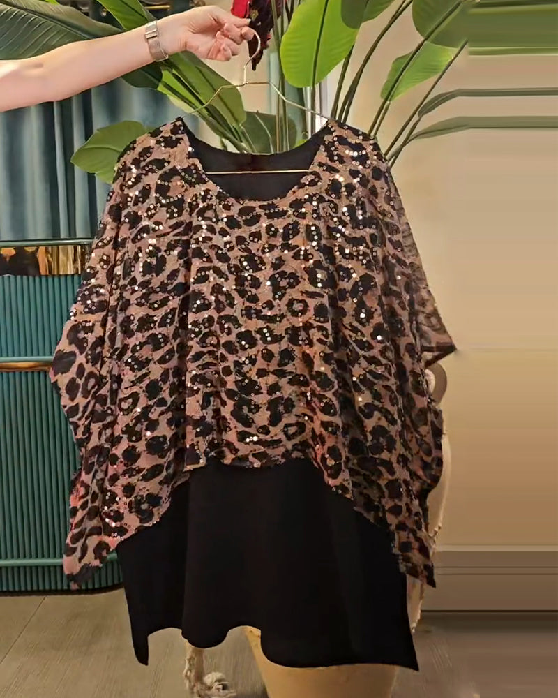 T-Shirt Imprimé Léopard À Paillettes Manches Chauve-Souris