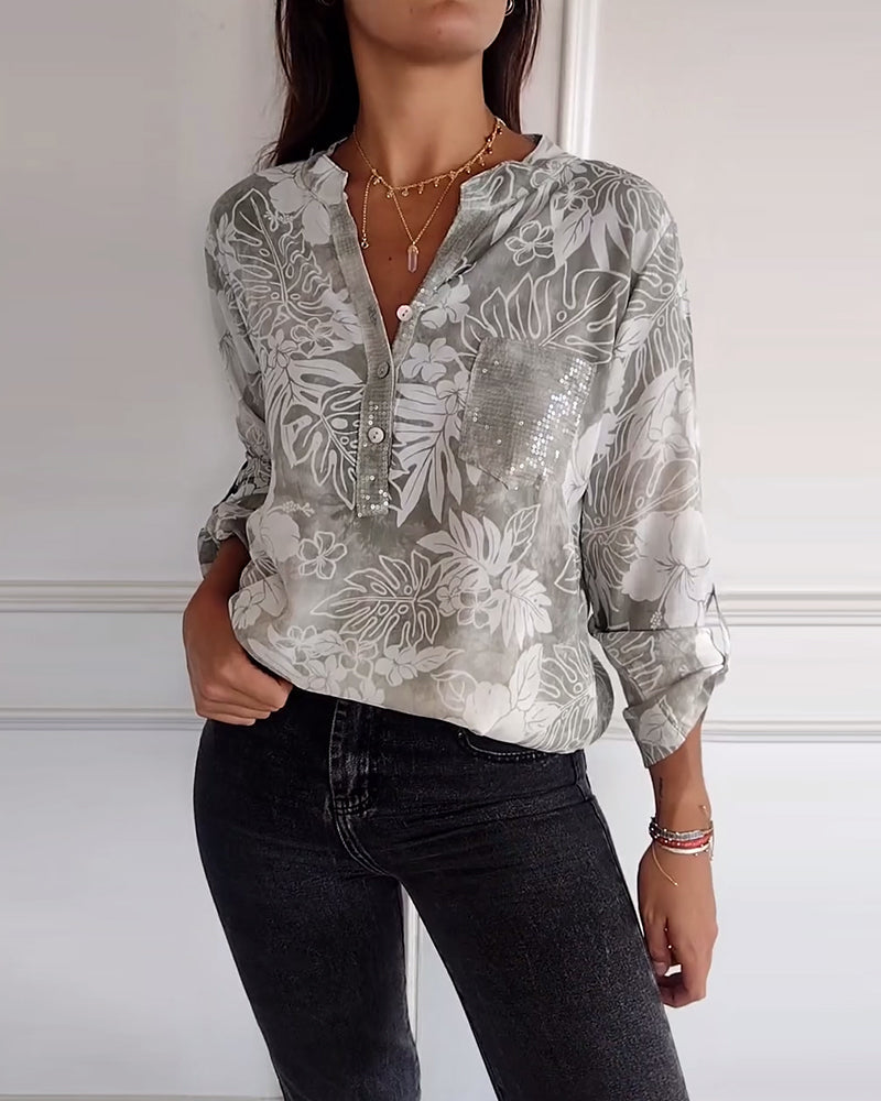 Haut imprimé feuilles à sequins patchwork