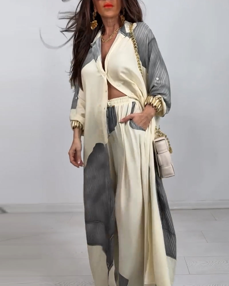 Costume Col Bouton Bloc de Couleur Pantalon Rayé Droit