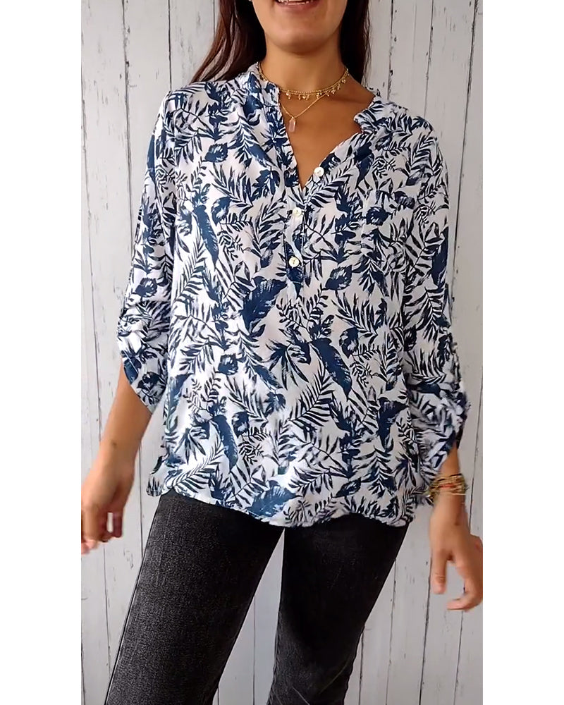 Blouse décontractée boutonnée imprimé feuilles, col V et manches neuf-quarts