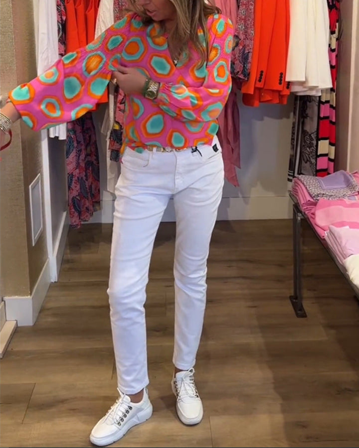 Blouse décontractée à manches longues et imprimé géométrique