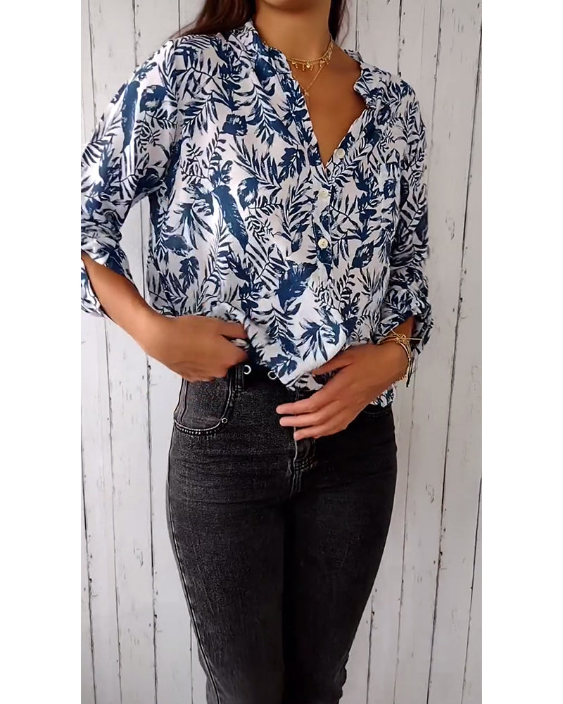 Blouse décontractée boutonnée imprimé feuilles, col V et manches neuf-quarts