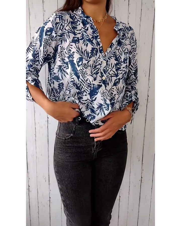 Blouse décontractée boutonnée imprimé feuilles, col V et manches neuf-quarts