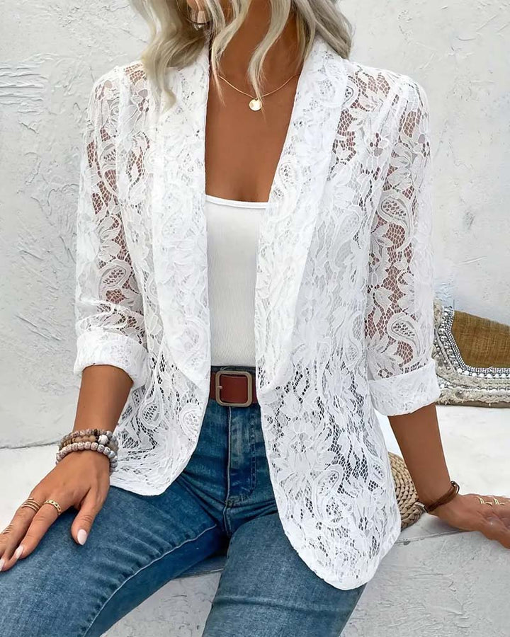 Manteau élégant à revers en dentelle florale de couleur unie