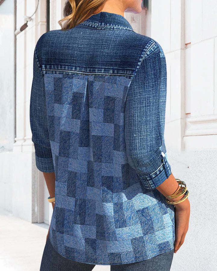Blouse à manches longues imprimée effet denim