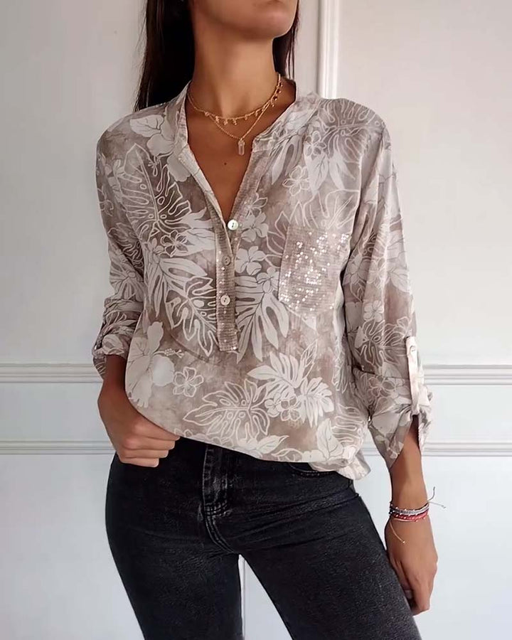 Haut imprimé feuilles à sequins patchwork