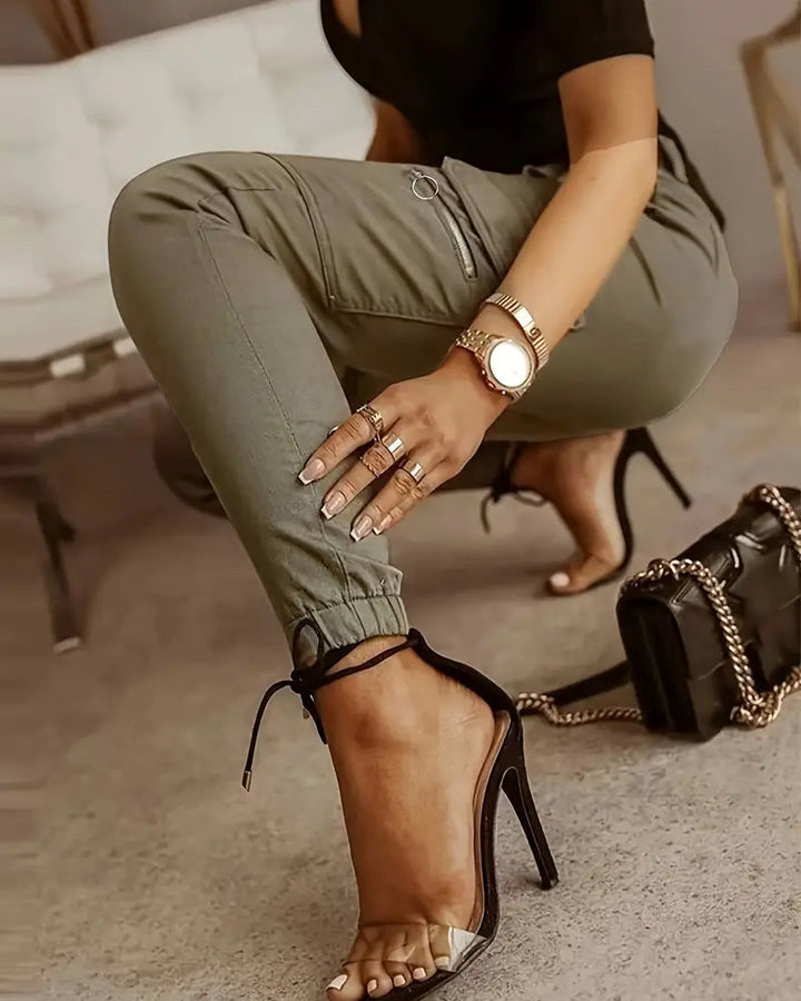 Pantalon Cargo Taille Moyenne Poches Ourlet