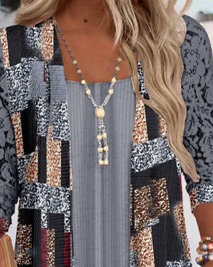 Bluse Manches Longues Imprimée Style Deux-Pièces Factice
