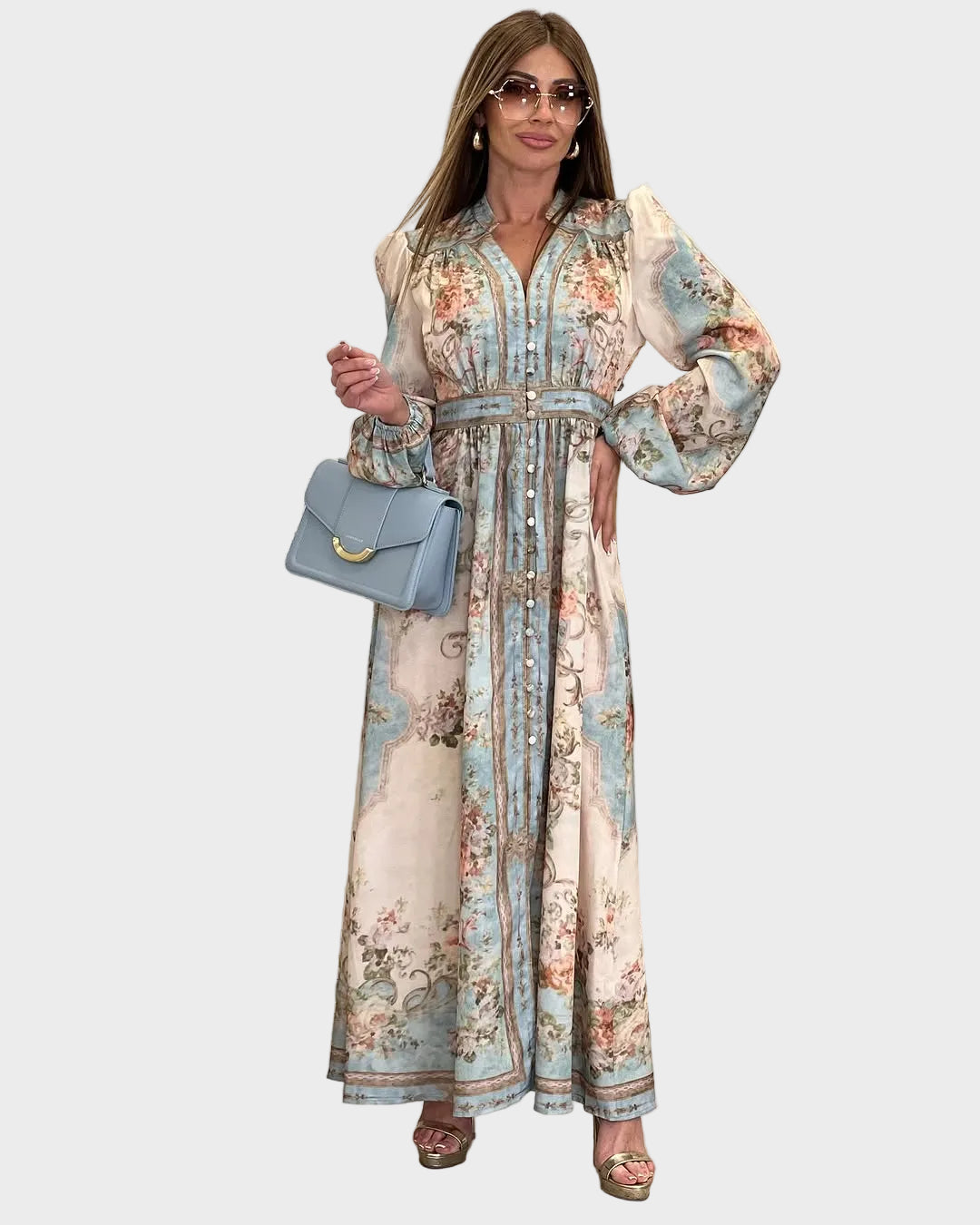 Élise | Robe longue élégante à fleurs avec boutons