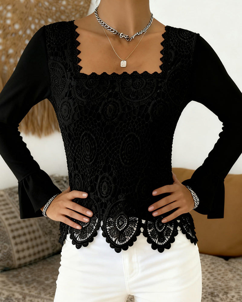Blouse Crochetée À Encolure Large Et Détails Patchwork