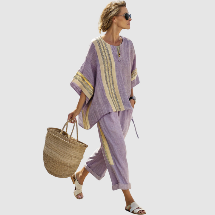 Chloé | Ensemble ethnique en lin de bambou à rayures