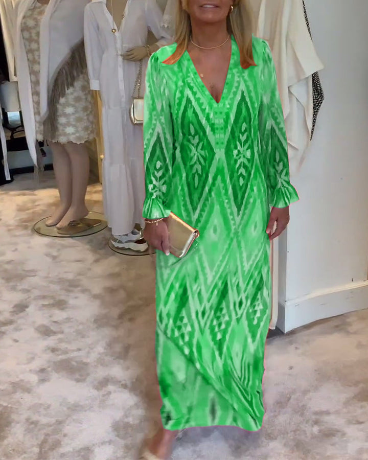 Robe à manches longues en V profond à imprimé géométrique rétro