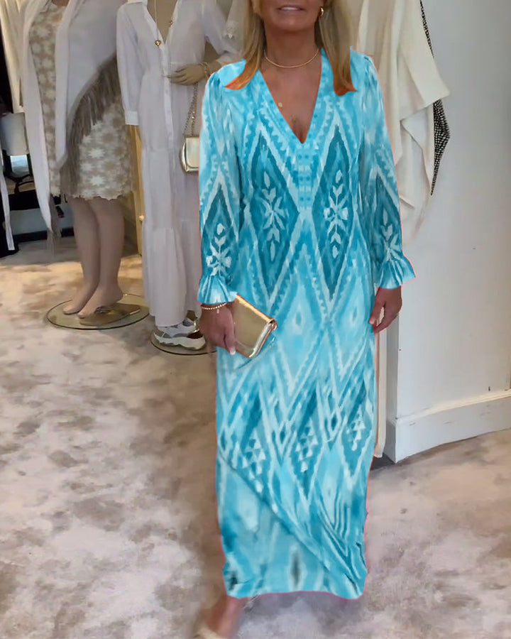 Robe à manches longues en V profond à imprimé géométrique rétro