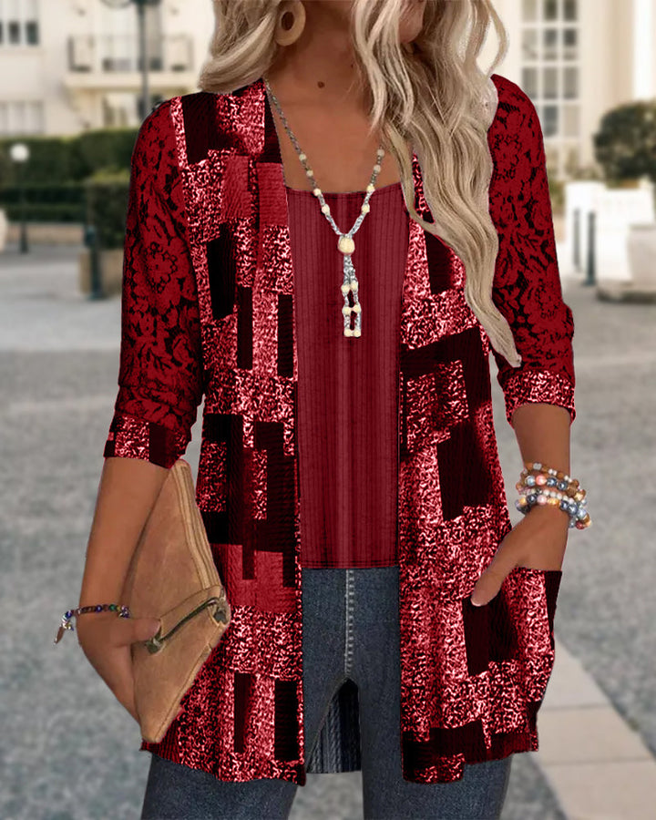 Bluse Manches Longues Imprimée Style Deux-Pièces Factice