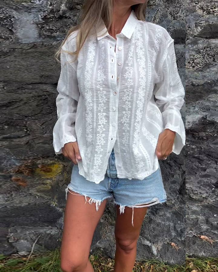 Chemise Brodée Creuse Col Polo Décontractée