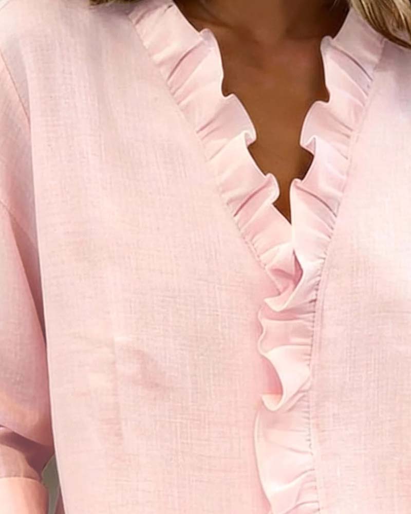 Blouse Froncé Col En V Manches Longues