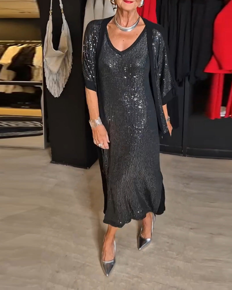 Ensemble robe fendue à paillettes de couleur unie à la mode avec col en V