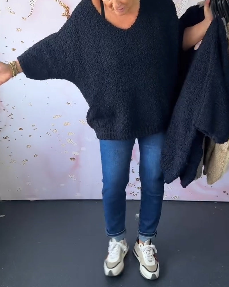 Pull décontracté de couleur unie à col en V