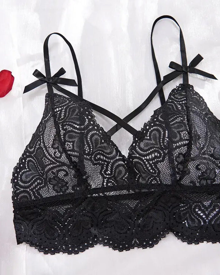 Ensemble De Lingerie Sexy – Bralette Ajourée Avec Nœud & Culotte Ouverte