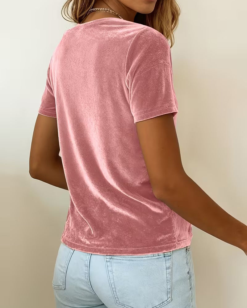 T-shirt Col Drapé Manche Courte Velours