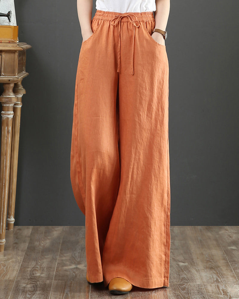 Pantalon large taille haute de couleur unie