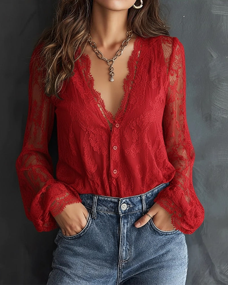 Blouse À Manches Longues En Dentelle Avec Col En V