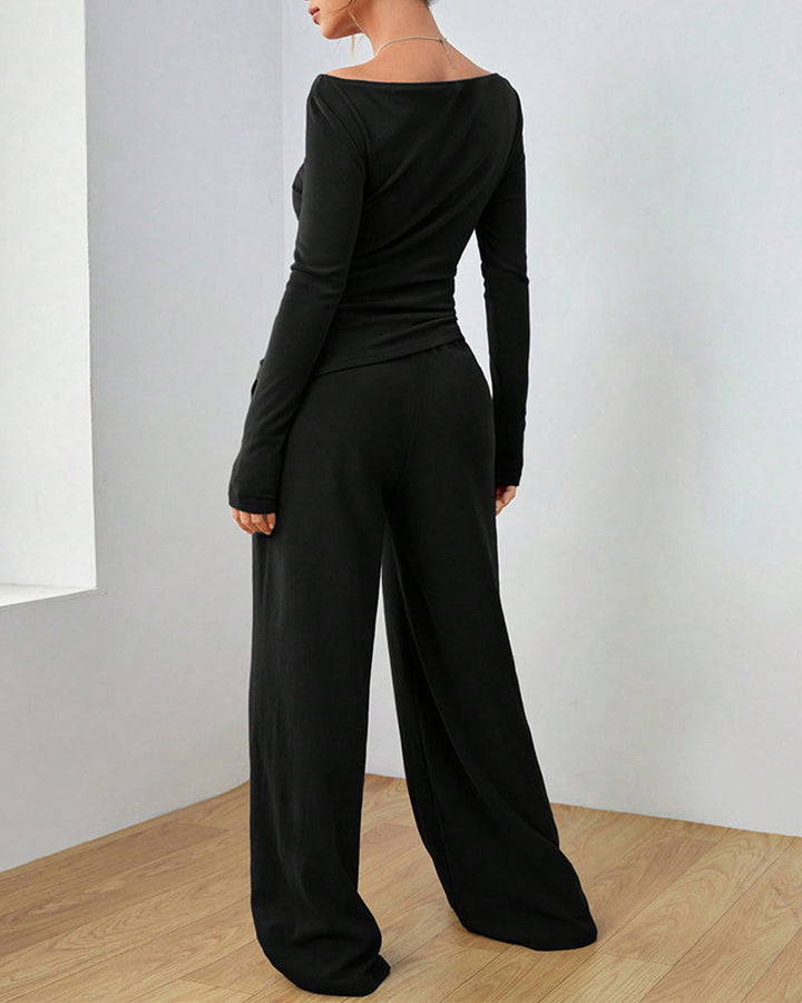 Ensemble deux pièces - haut de couleur unie et pantalon large