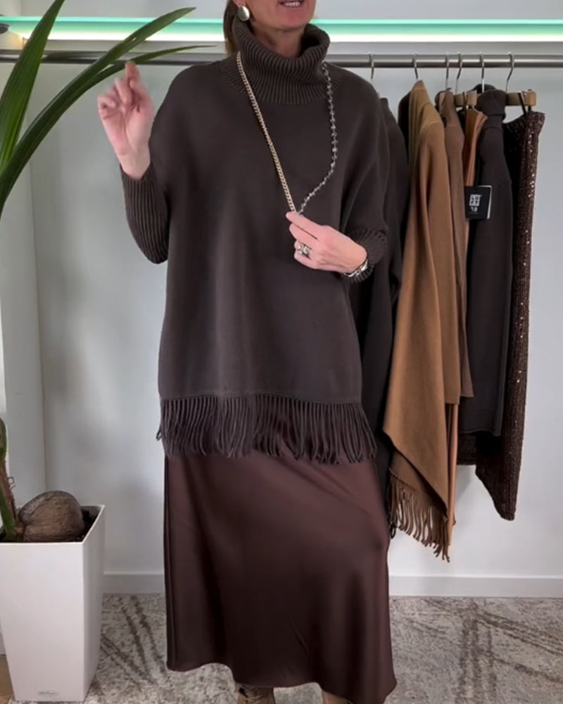 Pull à col roulé et franges de couleur unie