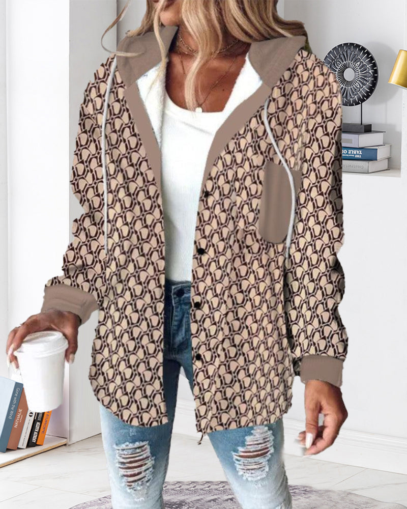 Manteau à capuche imprimé décontracté avec poche et lacets
