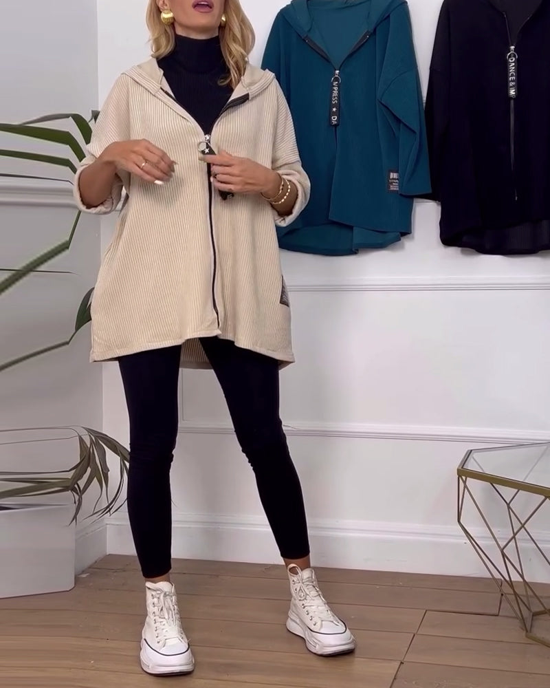 Manteau décontracté à capuche de couleur unie avec fermeture éclair