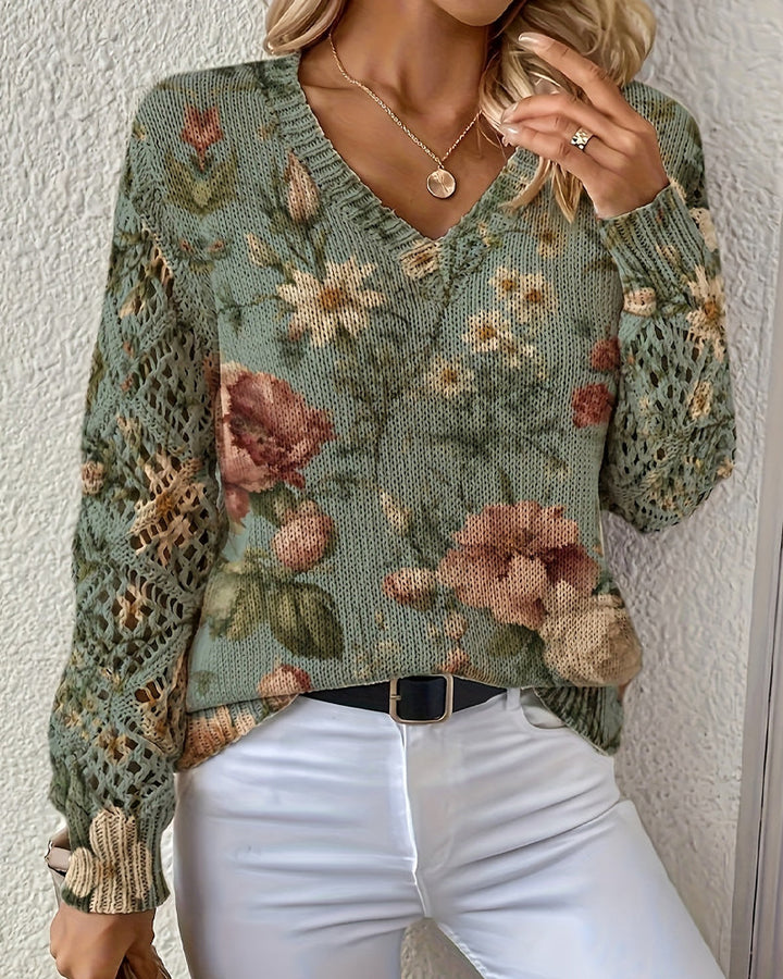 Pull Jacquard Col V Ajouré Manches Longues