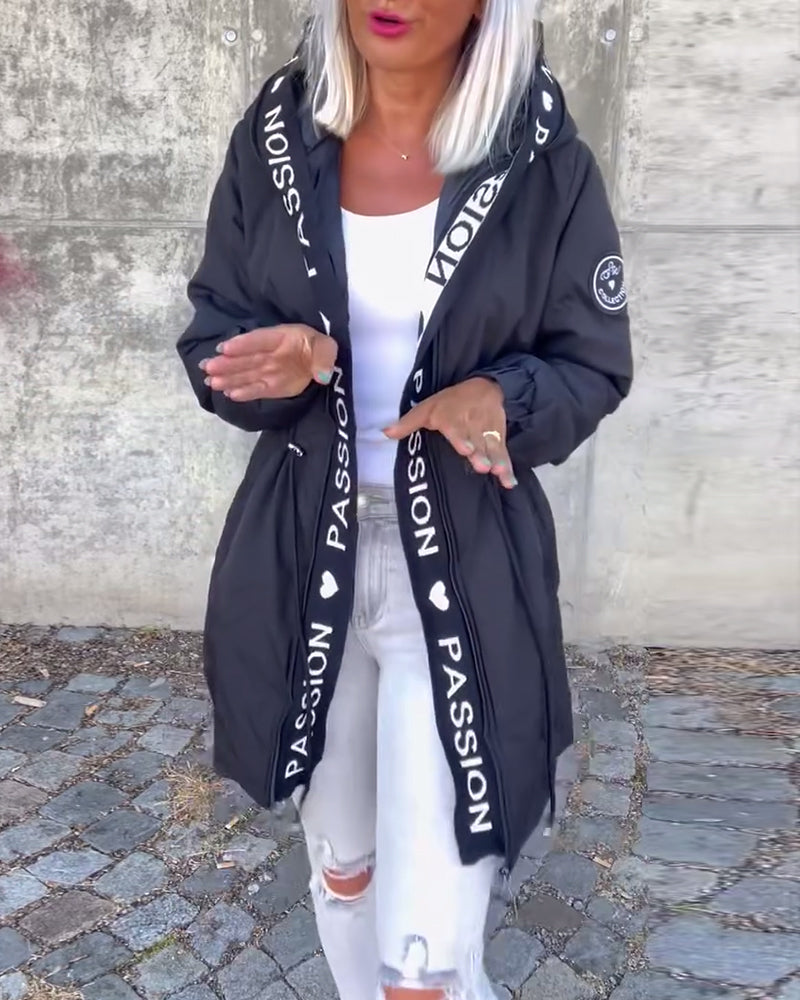 Manteau à capuche décontracté avec cordon de serrage et imprimé lettre