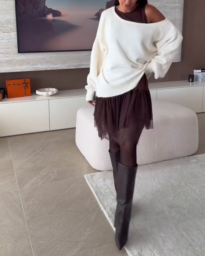 Décolleté Épaules Nues Loose Pull & Ourlet Dentelle Robe