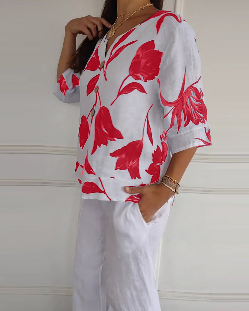 Haut boutonné en coton et lin imprimé fleuri