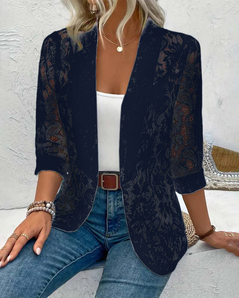 Manteau élégant à revers en dentelle florale de couleur unie