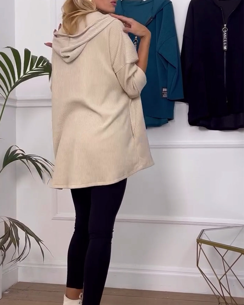 Manteau décontracté à capuche de couleur unie avec fermeture éclair