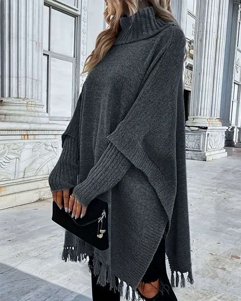 Pull À Col Roulé Avec Manches Chauve-Souris Et Franges