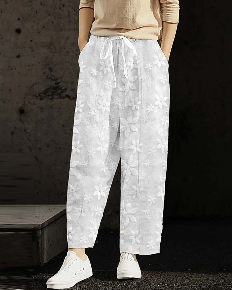 Pantalon décontracté de couleur unie à lacets brodés de fleurs