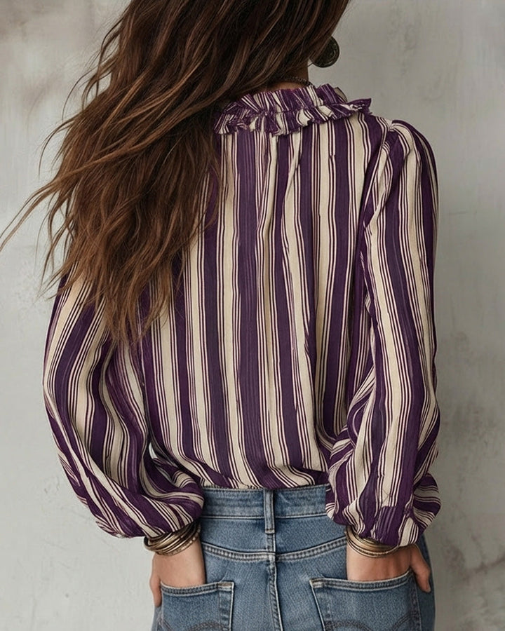 Blouse Profond Col V Rayures Verticales Loose