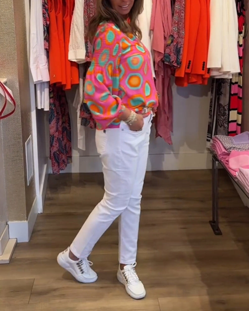 Blouse décontractée à manches longues et imprimé géométrique
